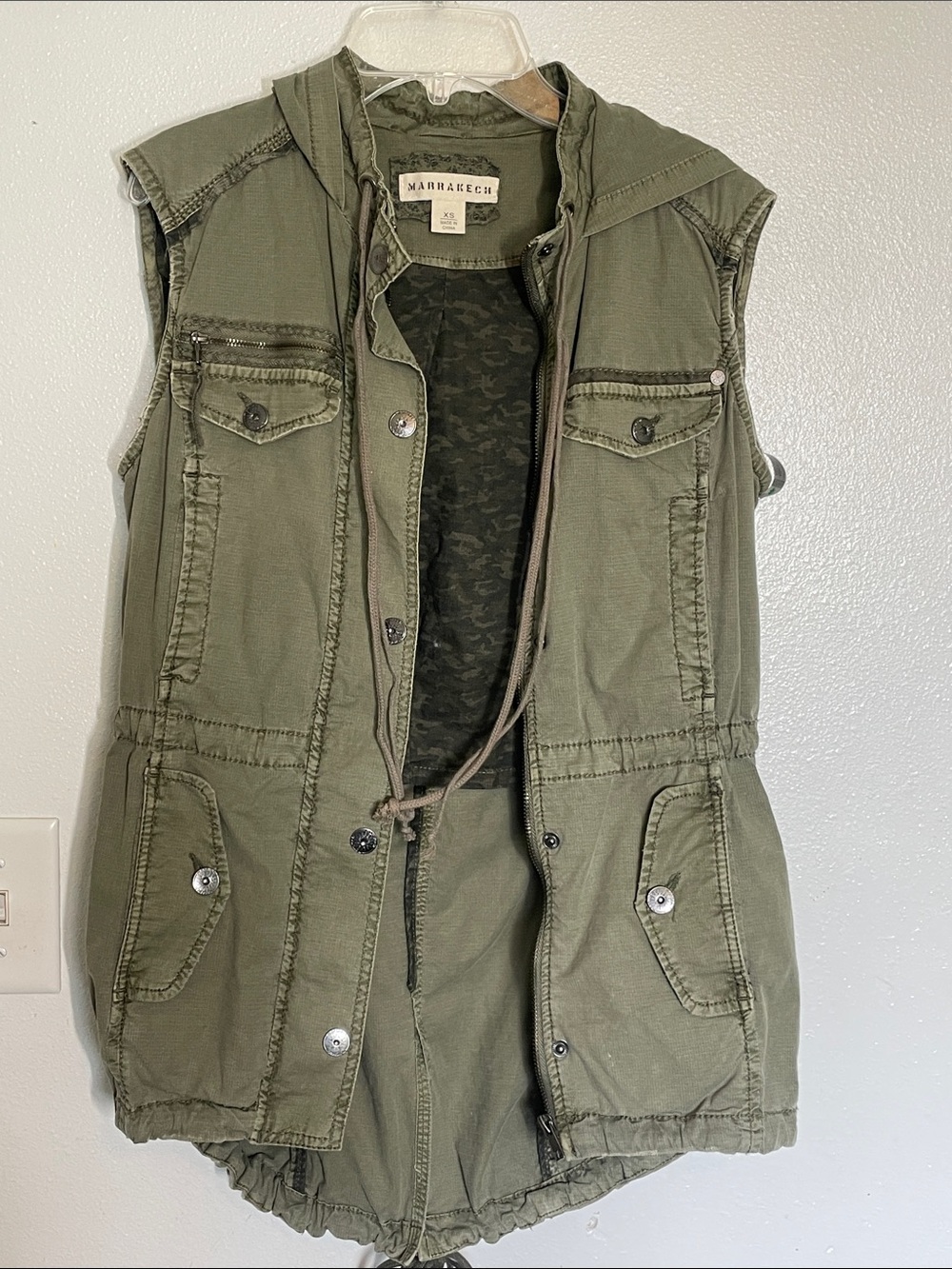 Marrakech Olive Hooded Utility Vest with Drawstring Waist